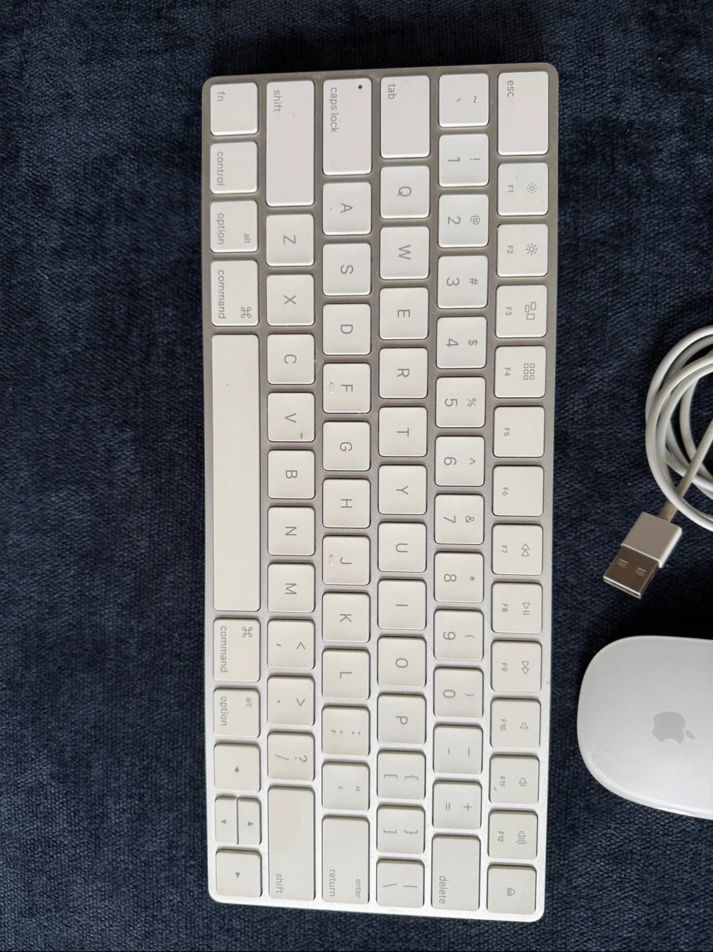 Apple Magic Keyboard and mouse with charging cable. Both are wireless